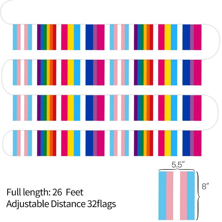 32pcs Assorted Rainbow String Flags - 4 Mixed Pennant Banners with LGBT, Pansexuality, Bisexuality, and Transgender - 32 Flags 26 Feet Christmas Decor Decoration Geometric