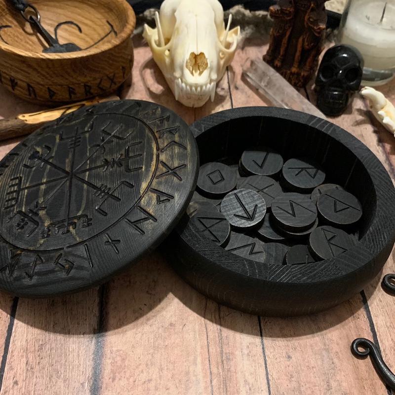 Vegvisir Rune Box w  Runes (Ebony) Norse Pagan Viking Heathen Viking Compass Elder Futhark Nordic Odin Thor