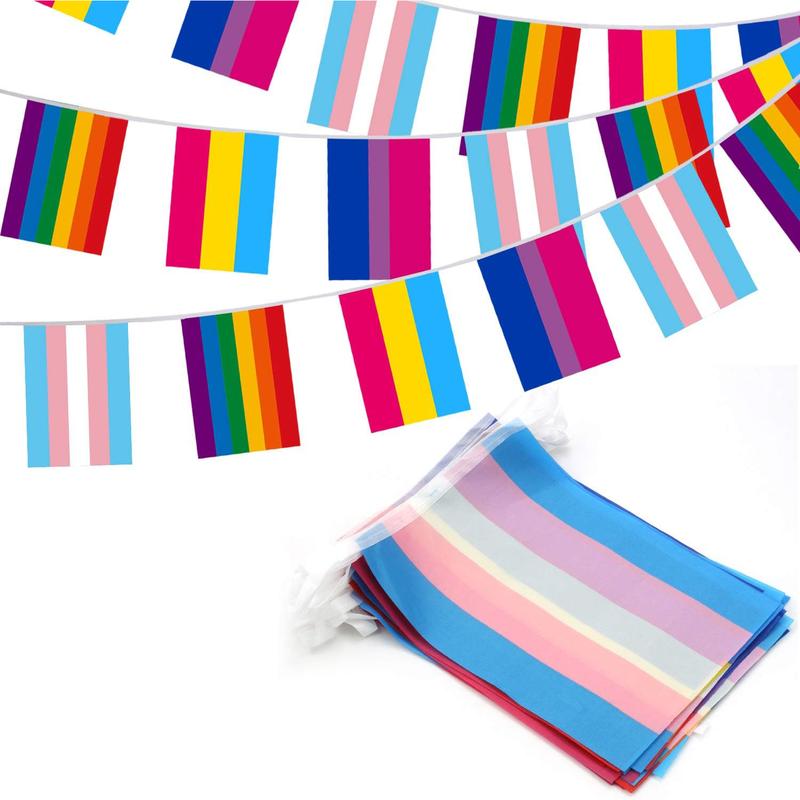 32pcs Assorted Rainbow String Flags - 4 Mixed Pennant Banners with LGBT, Pansexuality, Bisexuality, and Transgender - 32 Flags 26 Feet Christmas Decor Decoration Geometric