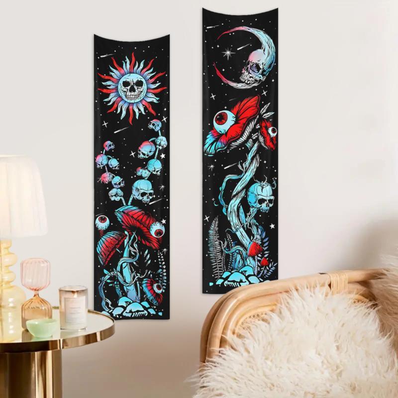 Skull & Mushroom Pattern Tapestry, 2pcs set Fantasy Plant Pattern Tapestry, Wall Hanging Decor for Home Living Room Bedroom