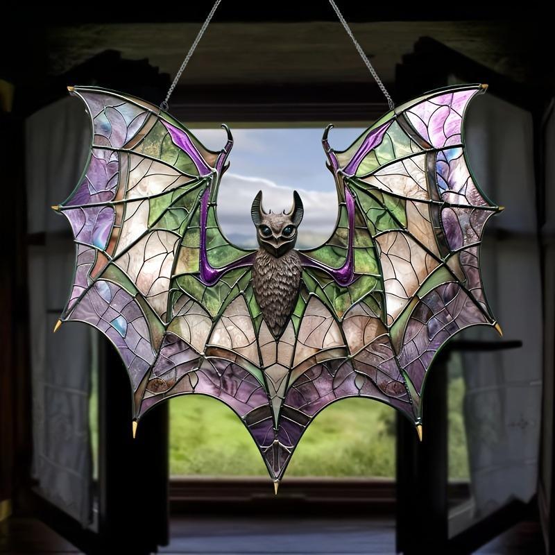 Bat Design Hanging Decor, 1 Count Stained Glass Window Decoration, Home Decor, Hanging Decor for Wall and Garland Decoration