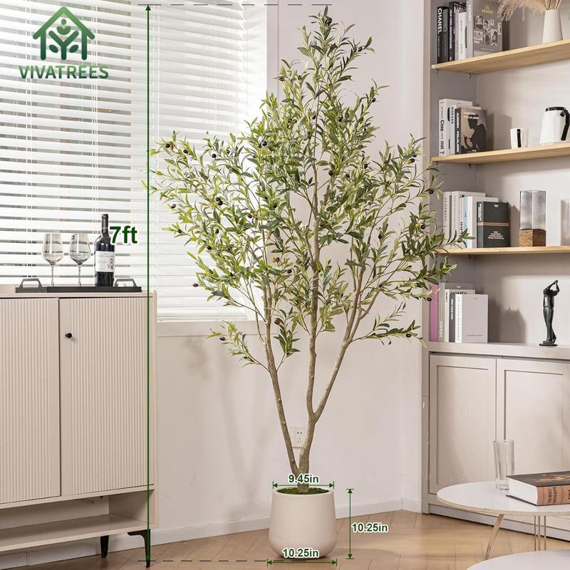 Olive Trees Artificial Indoor, 7FT Tall Faux Olive Tree with White Tall Planter, Artificial Plants with Natural Wood Trunk and Lifelike Fruits for Home Office Decor