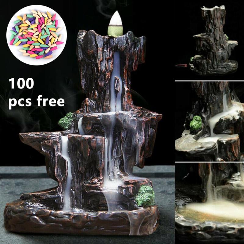 Resin Incense Waterfall Burner Backflow Smoke Censer Holder + 60 100 Cones