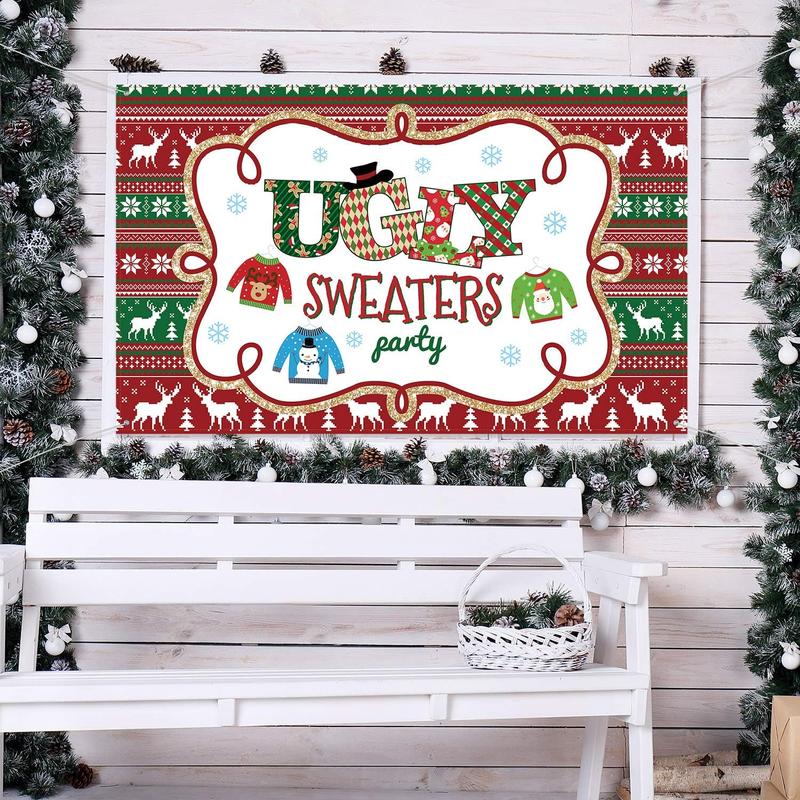 Christmas Backdrop Ugly Sweater Party Decoration Supplies Extra Large Fabric Red and Green Xmas Patterns Photography Background Winter Elfed Photo Booth Background Banner