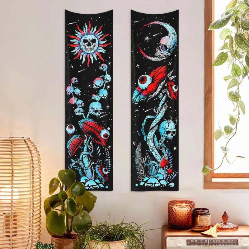 Skull & Mushroom Pattern Tapestry, 2pcs set Fantasy Plant Pattern Tapestry, Wall Hanging Decor for Home Living Room Bedroom