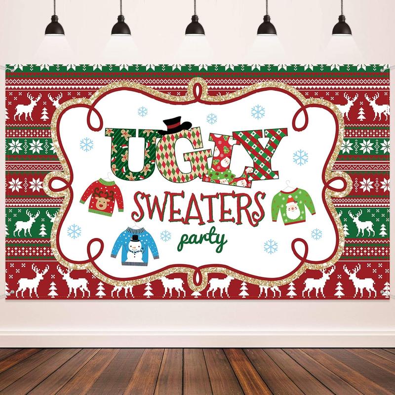 Christmas Backdrop Ugly Sweater Party Decoration Supplies Extra Large Fabric Red and Green Xmas Patterns Photography Background Winter Elfed Photo Booth Background Banner