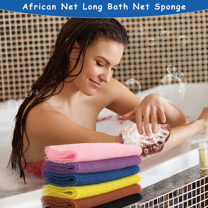 6 Pieces African Net Sponge African Exfoliating Net Long African Bath Sponge Washcloth Shower Net African Body Scrubber Net for Skin Smoother Daily Use(Pink,Yellow,Purple,Black,Blue,Brown)