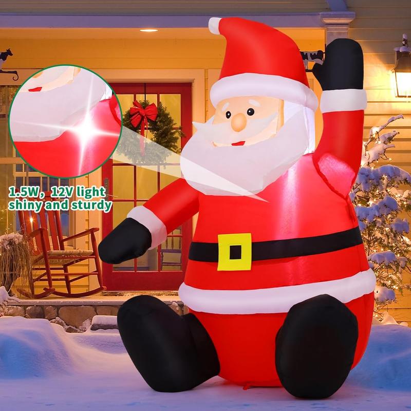 Christmas Santa Claus with Built-in LED Light, Light up Santa Sitting Raising Hand Outdoor Christmas Decoration, Blow UP Yard Decoration Ornaments