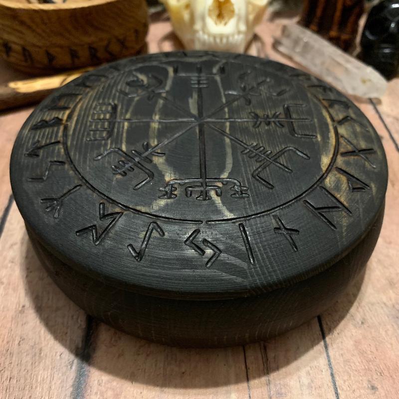 Vegvisir Rune Box w  Runes (Ebony) Norse Pagan Viking Heathen Viking Compass Elder Futhark Nordic Odin Thor