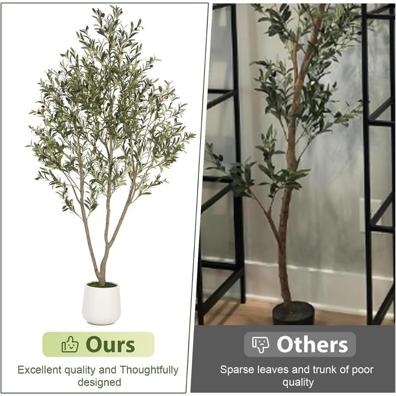 Olive Trees Artificial Indoor, 7FT Tall Faux Olive Tree with White Tall Planter, Artificial Plants with Natural Wood Trunk and Lifelike Fruits for Home Office Decor