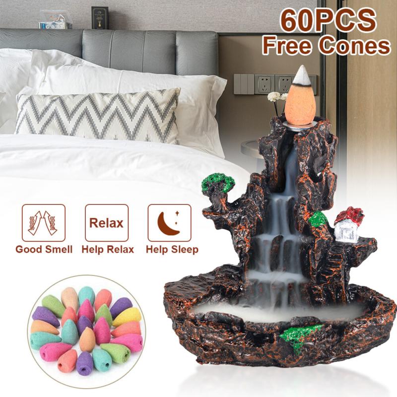 Resin Incense Waterfall Burner Backflow Smoke Censer Holder + 60 100 Cones