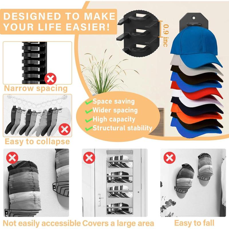 2 Pack Hat Organizer for Baseball Caps,Hat Rack for Wall, Compact Hat Storage Display Holder,Hold Up to 20 Hats,Hat Hanger Strong Adhesive Wall Drilled for Door,Bedroom,Closet