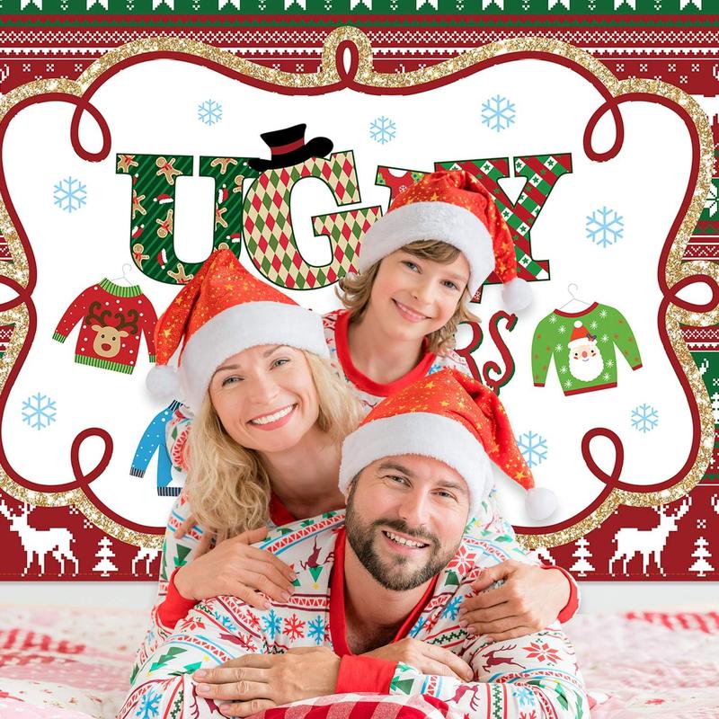 Christmas Backdrop Ugly Sweater Party Decoration Supplies Extra Large Fabric Red and Green Xmas Patterns Photography Background Winter Elfed Photo Booth Background Banner