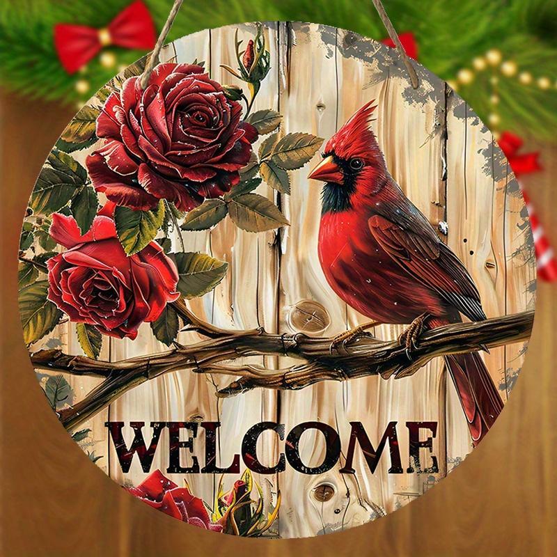 Cardinal & Rose Pattern Wooden Hanging Sign, Round Welcome Sign, Wall Hanging Decor for Home Living Room Bedroom, Ideal Christmas Gifts