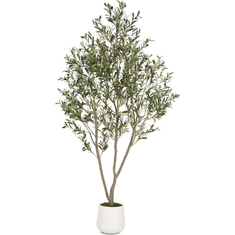 Olive Trees Artificial Indoor, 7FT Tall Faux Olive Tree with White Tall Planter, Artificial Plants with Natural Wood Trunk and Lifelike Fruits for Home Office Decor