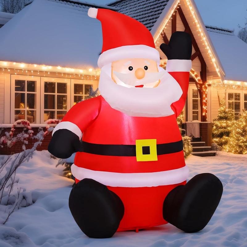 Christmas Santa Claus with Built-in LED Light, Light up Santa Sitting Raising Hand Outdoor Christmas Decoration, Blow UP Yard Decoration Ornaments