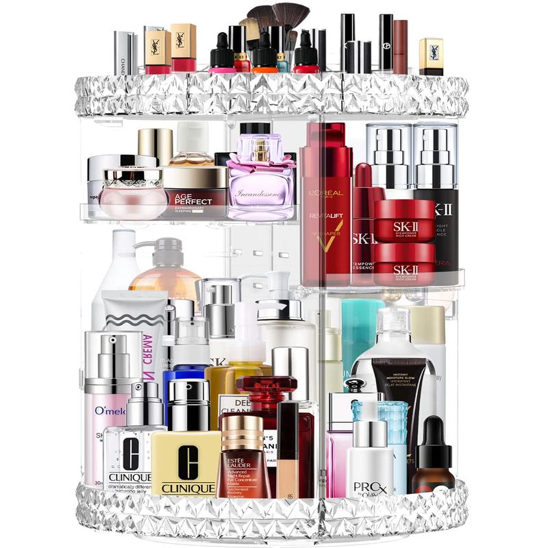 360 Rotating Makeup Organizers Countertop 7 Adjustable Layers Cosmetic Organizers Acrylic Makeup Organizers with 3 Layer Diamond Patterns Stand for Vanity and Bathroom Racks Smooth