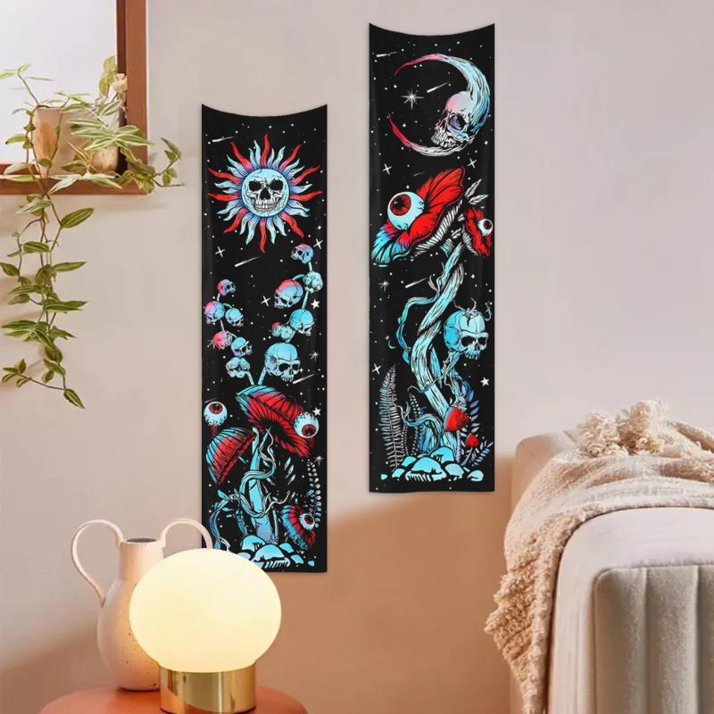 Skull & Mushroom Pattern Tapestry, 2pcs set Fantasy Plant Pattern Tapestry, Wall Hanging Decor for Home Living Room Bedroom