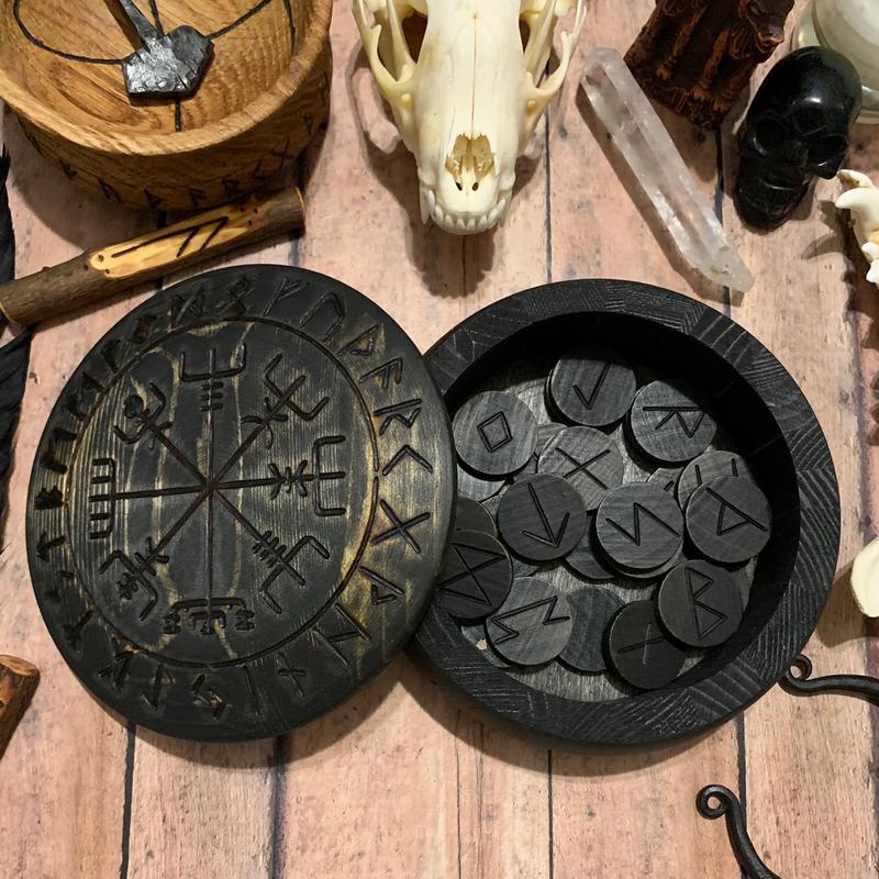 Vegvisir Rune Box w  Runes (Ebony) Norse Pagan Viking Heathen Viking Compass Elder Futhark Nordic Odin Thor