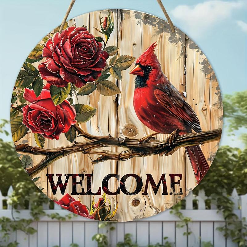 Cardinal & Rose Pattern Wooden Hanging Sign, Round Welcome Sign, Wall Hanging Decor for Home Living Room Bedroom, Ideal Christmas Gifts