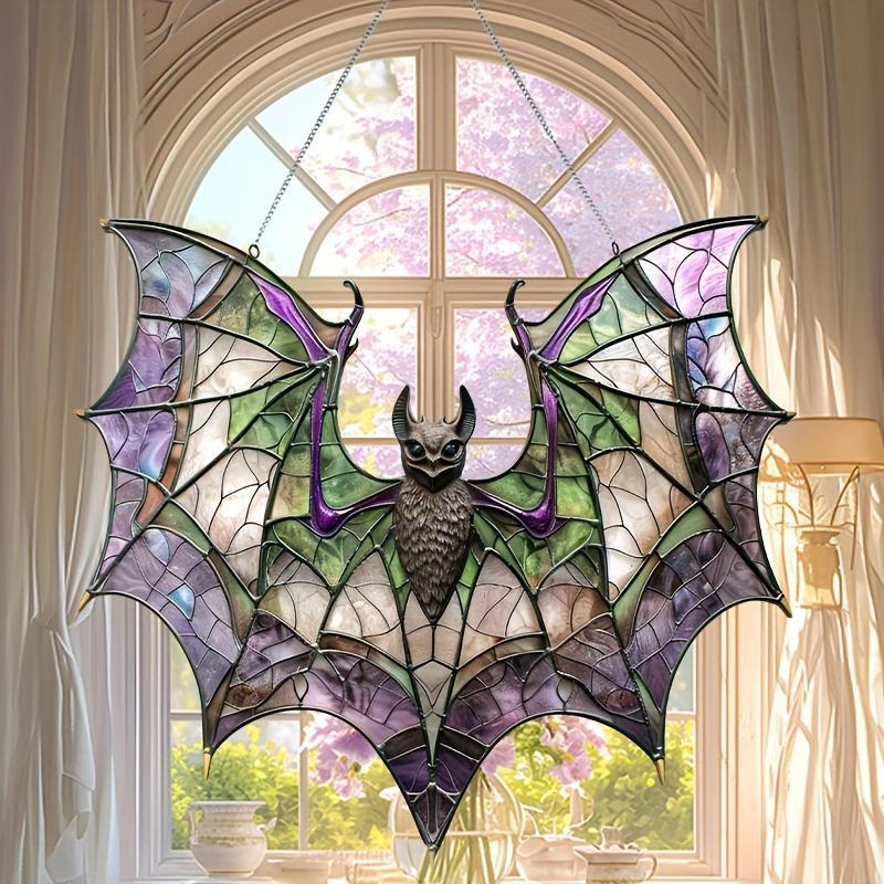 Bat Design Hanging Decor, 1 Count Stained Glass Window Decoration, Home Decor, Hanging Decor for Wall and Garland Decoration