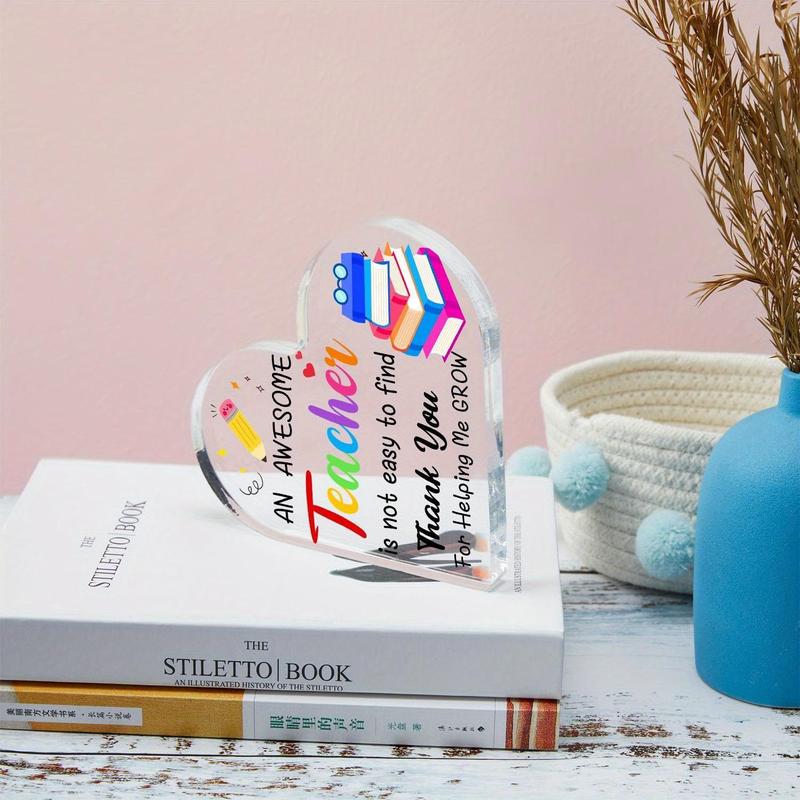 Letter & Book Pattern Acrylic Heart Shaped Ornament, 1 Count Creative Teacher Appreciation Gift, Desktop Ornament, Commemorative Gift