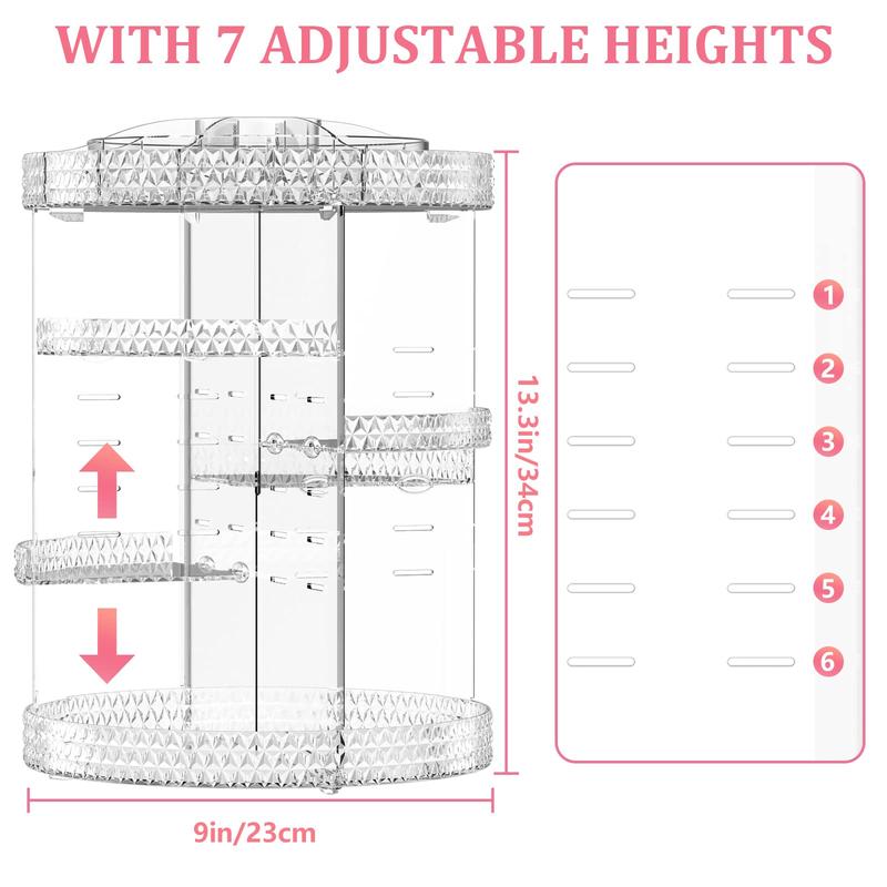 360 Rotating Makeup Organizers Countertop 7 Adjustable Layers Cosmetic Organizers Acrylic Makeup Organizers with 3 Layer Diamond Patterns Stand for Vanity and Bathroom Racks Smooth