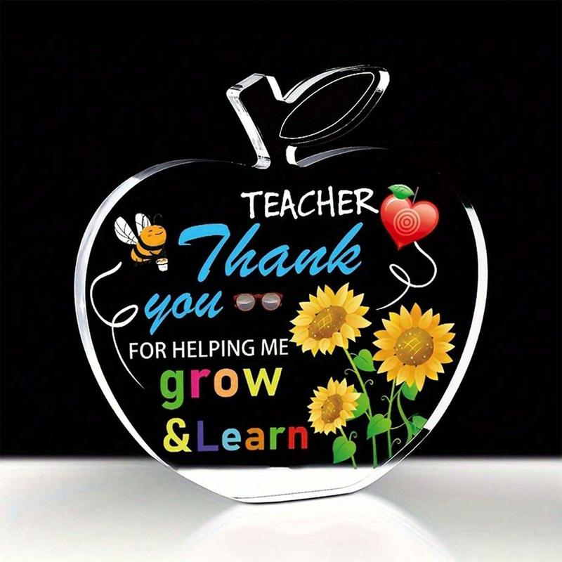 Apple Shaped Teacher Appreciation Sign, 1 Count Letter & Sunflower Pattern Creative Acrylic Plaque, Teacher Thank You Gift, Home Decor for Living Room Bedroom