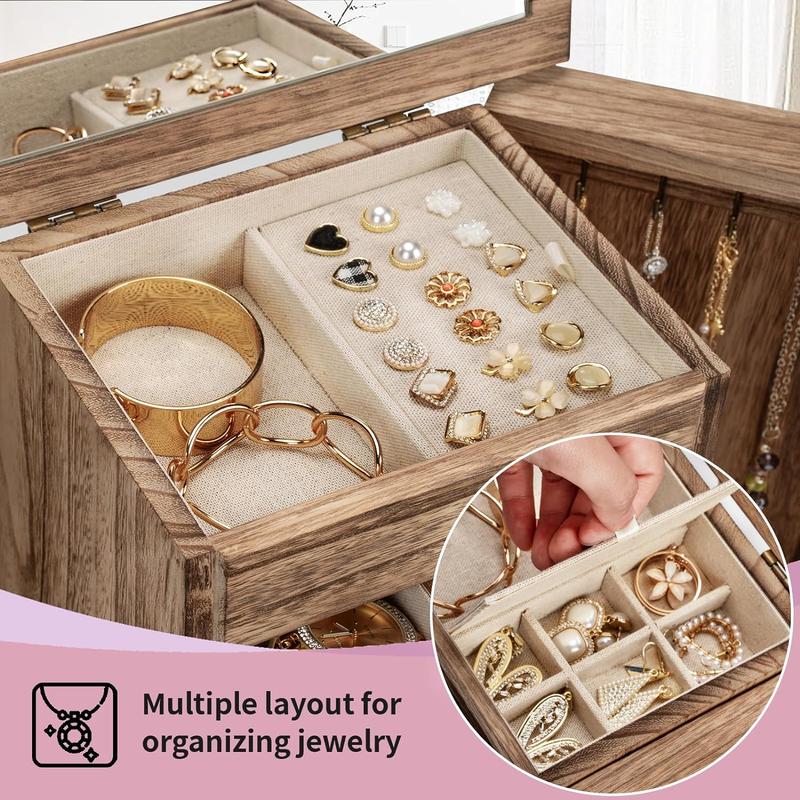 Jewelry Box for Women, Rustic Wooden Jewelry Boxes & Organizers with Mirror & Drawers,6 Layer Jewelry Organizer Box for Rings Earrings Necklaces Bracelets (Carbonized Black)