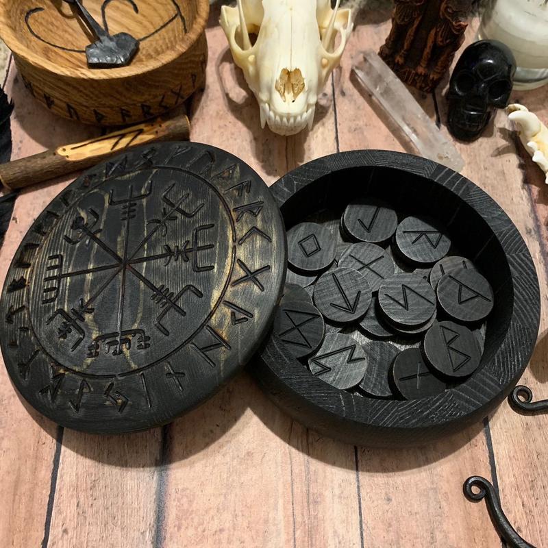 Vegvisir Rune Box w  Runes (Ebony) Norse Pagan Viking Heathen Viking Compass Elder Futhark Nordic Odin Thor