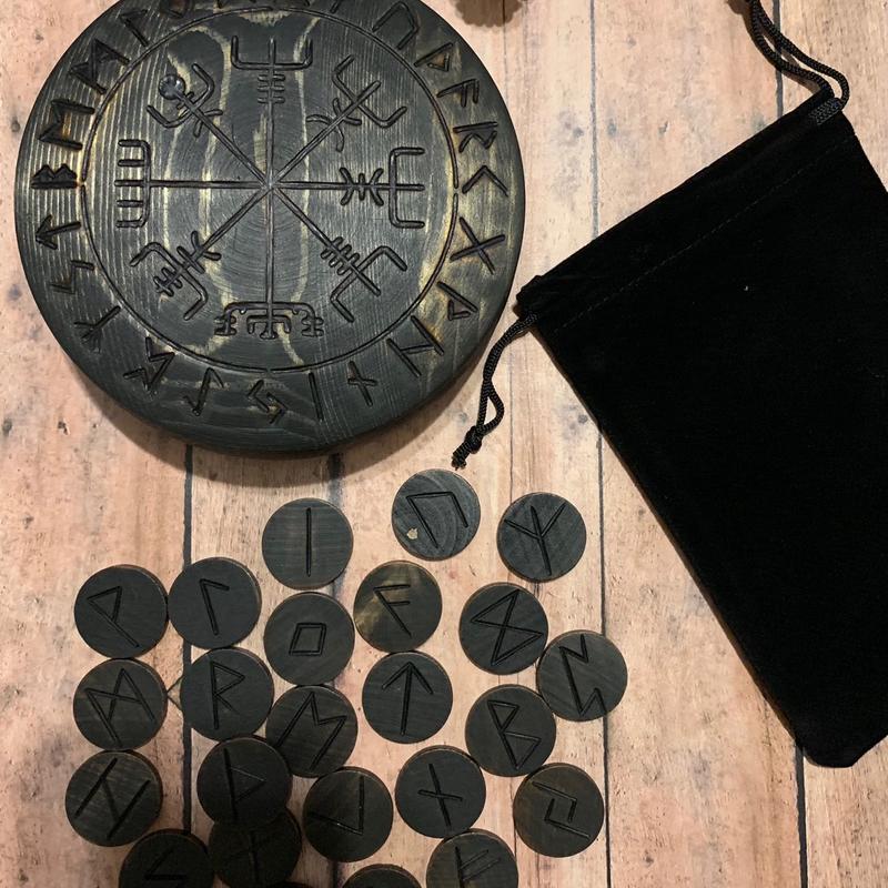 Vegvisir Rune Box w  Runes (Ebony) Norse Pagan Viking Heathen Viking Compass Elder Futhark Nordic Odin Thor