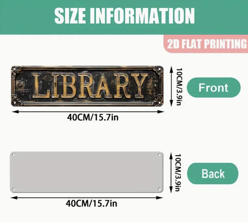 Vintage Style Library Sign, 2D Flat Printed Aluminum Decorative Plaque, 15.7