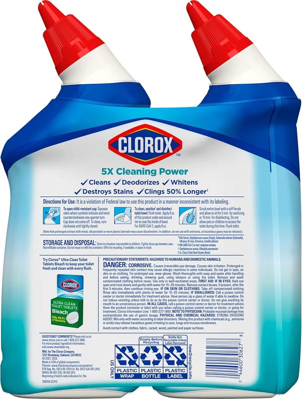 Clorox Toilet Bowl Cleaner, Clinging Bleach Gel, Ocean Mist - 24 oz, Pack of 2