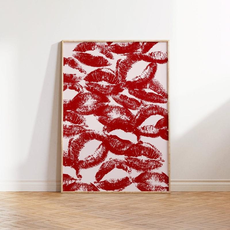 Trendy lipstick kisses print, funky Wall Art, Red mouth kisses poster, Modern French kiss print Decor Decoration