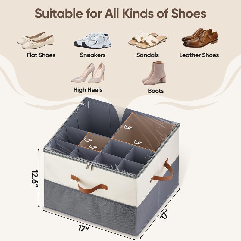 Shoe Organizer for Closet,  1 Pack Shoe Storage Container with Adjustable Dividers, Space Saving Shoe Box Storage Organizer Bin with Clear Lid and 4 Reinforced Handles, Fits 16 Pairs, Beige