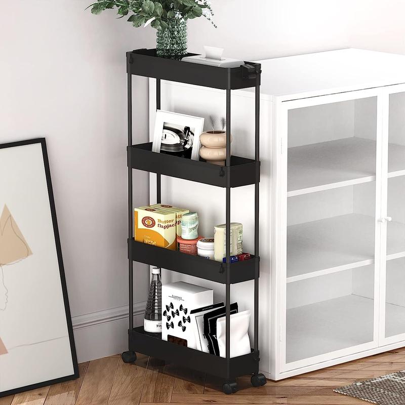 4 Tier Slim Storage Cart, Storage Organizer Rolling Utility  Mobile Shelving Unit Slide Out Storage Cart for Office, Bathroom, Kitchen, Laundry Room & Narrow Places， Black