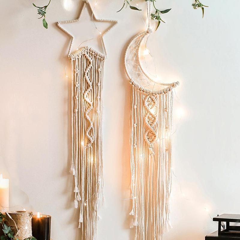 Moon & Star Design Bohemian Macrame Hanging Decor, 2pcs Boho Style Tassel Wall Hanging, Wall Decor for Home Living Room Bedroom