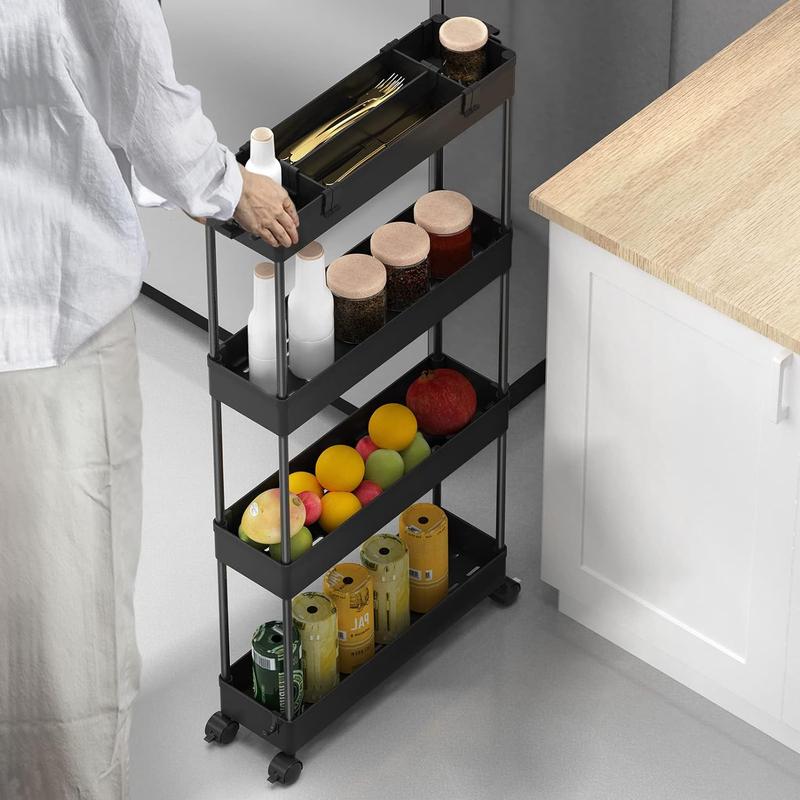 4 Tier Slim Storage Cart, Storage Organizer Rolling Utility  Mobile Shelving Unit Slide Out Storage Cart for Office, Bathroom, Kitchen, Laundry Room & Narrow Places， Black