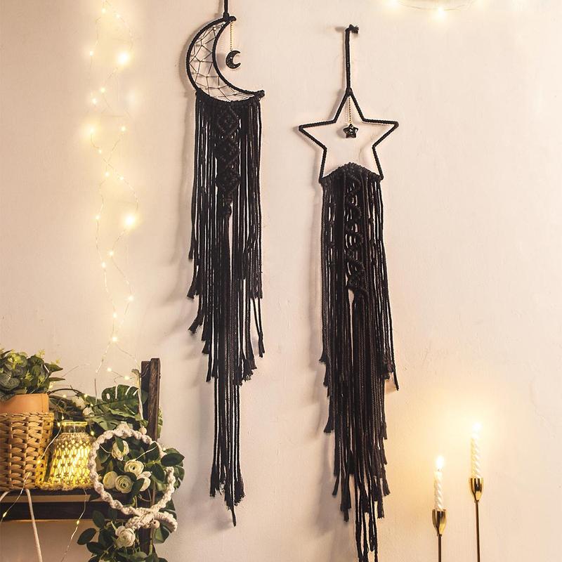 Moon & Star Design Bohemian Macrame Hanging Decor, 2pcs Boho Style Tassel Wall Hanging, Wall Decor for Home Living Room Bedroom