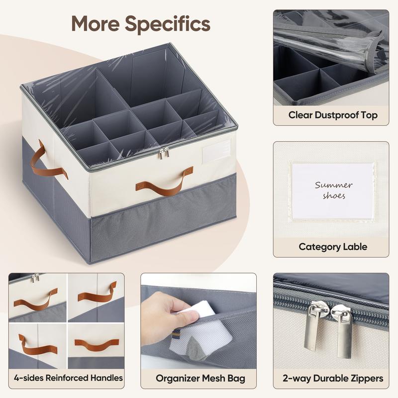 Shoe Organizer for Closet,  1 Pack Shoe Storage Container with Adjustable Dividers, Space Saving Shoe Box Storage Organizer Bin with Clear Lid and 4 Reinforced Handles, Fits 16 Pairs, Beige