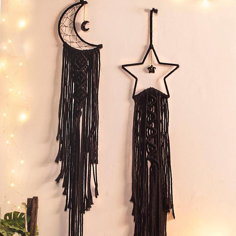 Moon & Star Design Bohemian Macrame Hanging Decor, 2pcs Boho Style Tassel Wall Hanging, Wall Decor for Home Living Room Bedroom