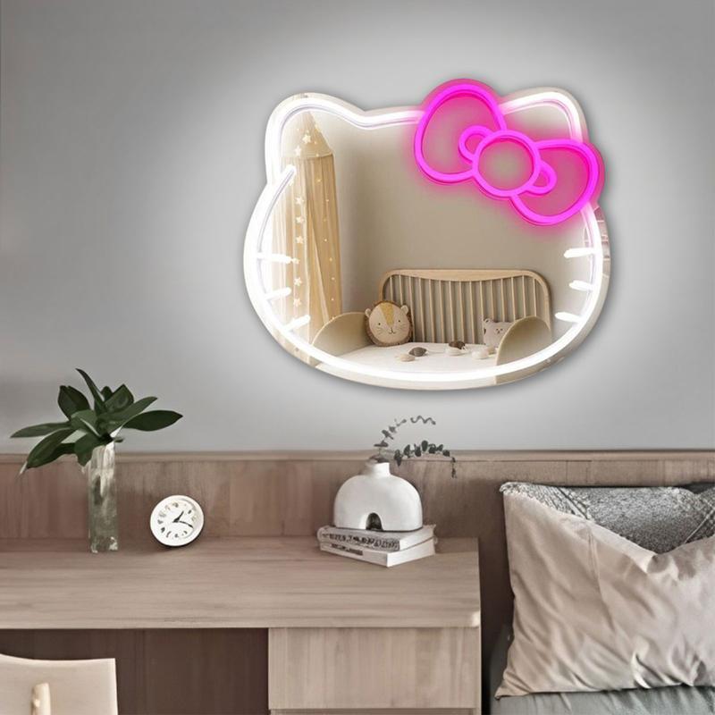 Kitty face Home Decor Mirror Kitty face shape Mirror, Bedroom Wall Mirror, Anime Neon Sign for Dresser, Locker Room,Living Room, Neon Light up Acrylic Mirror with Dimmable