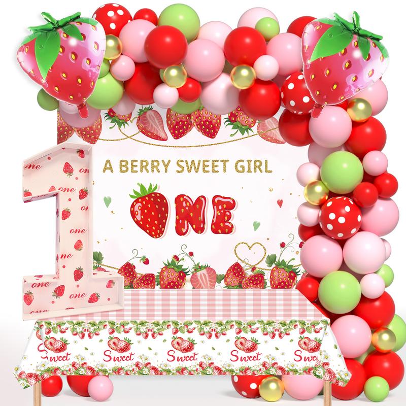 205Pcs Strawberry Balloon Garland Arch Kit - Vibrant Berry Themed 1st Birthday Party Decorations with Strawberry Print Marquee Numbers, Large Backdrop, and Tablecloth - Complete Set for Girls Special Day Celebration