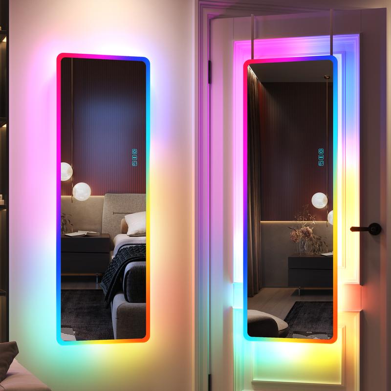 Full Length Mirror with LED Lights, RGB Full Body Mirror, Wall Mounted Lighted Mirror, Over The Door Hanging Mirror, 14 LED Light + Dimmable Brightness + Adjustable Speed, 47