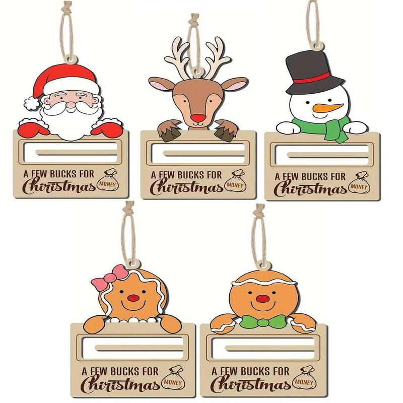 Wooden Christmas Money Holder, 1 Count 5 Counts Cute Cartoon Christmas Tree Hanging Decorations for Money Holder, Festive & Party Supplies for Home & Office Decor