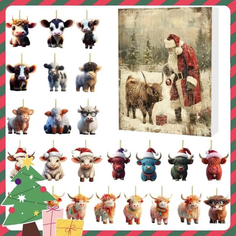 Highland Cow Pattern Advent Calendar, 24 Days Of Christmas Vacation Advent Calendar Pendant, Christmas Tree Cartoon Cow Decorative Ornament