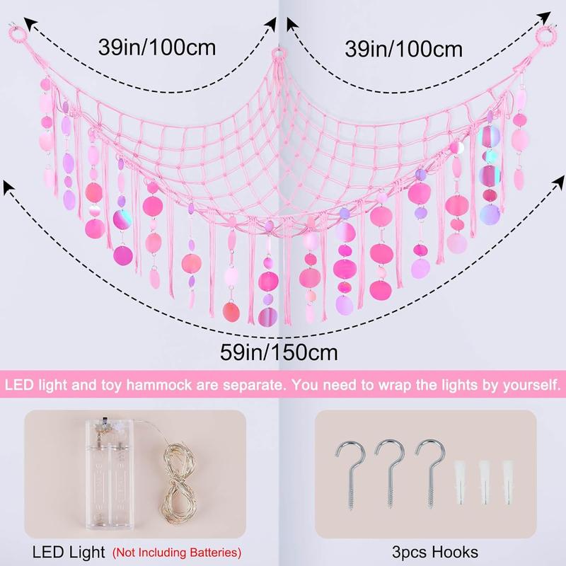 Stuffed  Hammock Net  Storage Organizer with LED Light, Stuffed  Storage Girls Room Decor Wall Hanging with Sequins for  Bedroom  Playroom, Light Pink