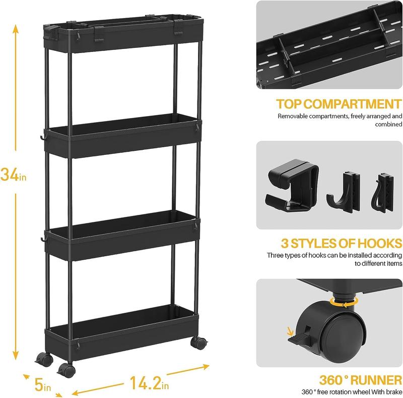 4 Tier Slim Storage Cart, Storage Organizer Rolling Utility  Mobile Shelving Unit Slide Out Storage Cart for Office, Bathroom, Kitchen, Laundry Room & Narrow Places， Black