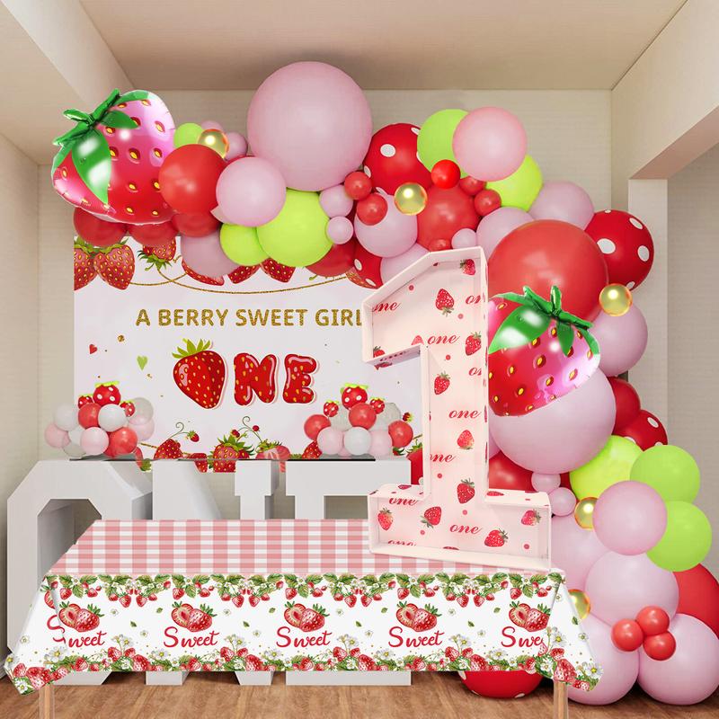 205Pcs Strawberry Balloon Garland Arch Kit - Vibrant Berry Themed 1st Birthday Party Decorations with Strawberry Print Marquee Numbers, Large Backdrop, and Tablecloth - Complete Set for Girls Special Day Celebration