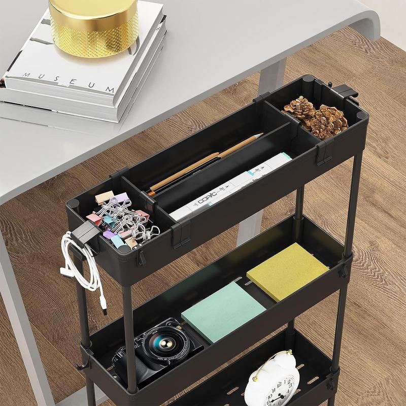 4 Tier Slim Storage Cart, Storage Organizer Rolling Utility  Mobile Shelving Unit Slide Out Storage Cart for Office, Bathroom, Kitchen, Laundry Room & Narrow Places， Black